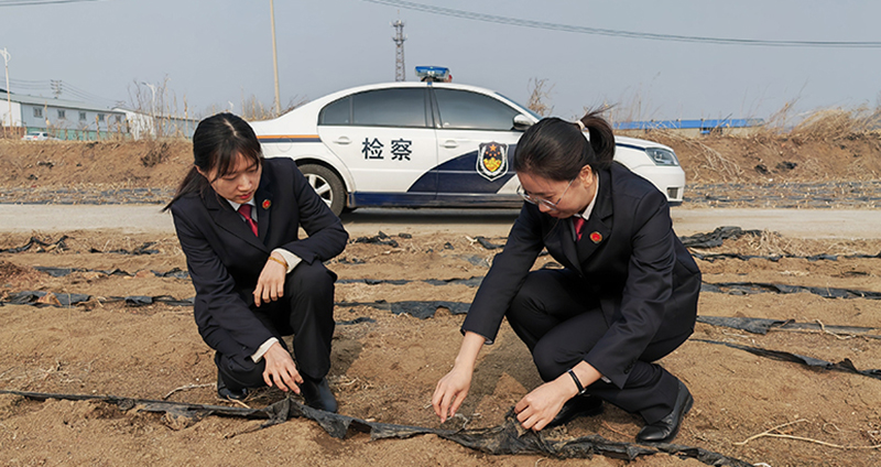 4月24日,检察干警在千金乡丁家村对农用地内废弃农用薄膜进行取证